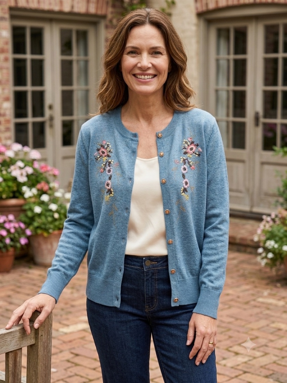 Blue Embroidered Floral Cardigan NWOT, Orange rose shaped buttonsCottage Sweater
